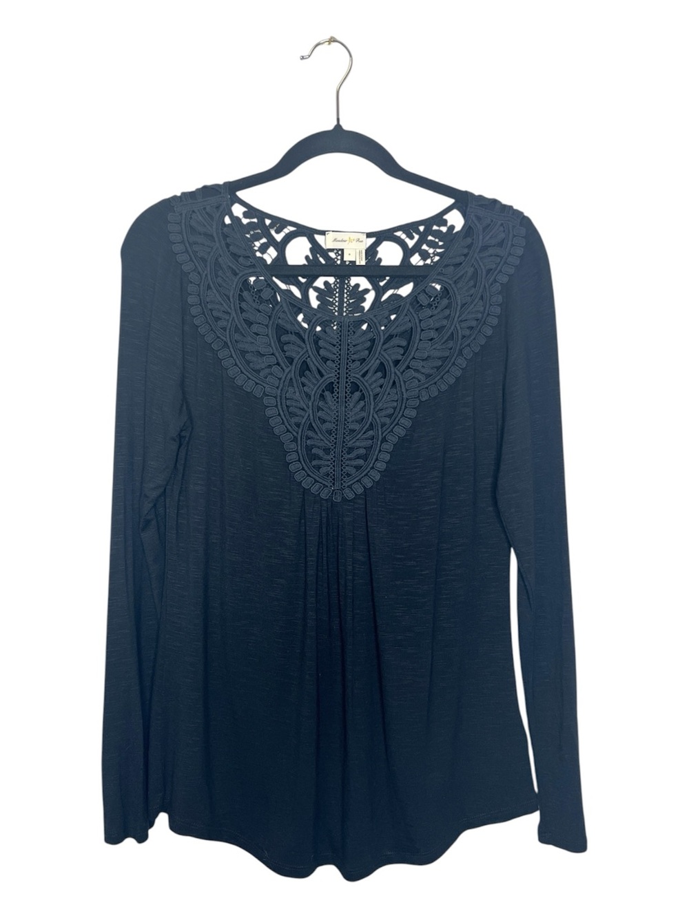 MEADOW RUE Anthro Crochet Boho Neckline Long Sleeve Top in Black size Small